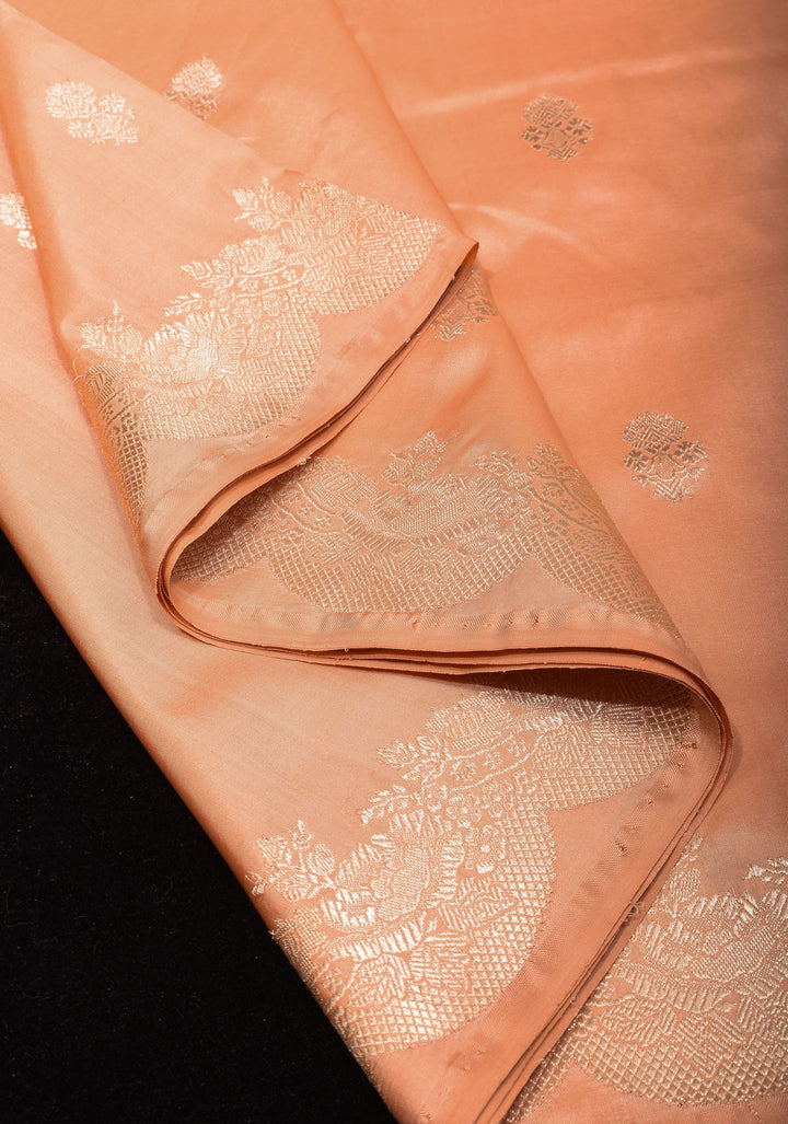 Peach Banarasi Katan Silk Saree with Zari Buttas and Scallop border design | SILK MARK CERTIFIED
