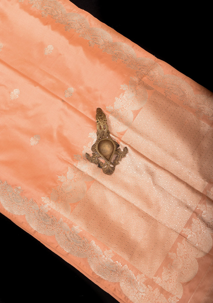 Peach Banarasi Katan Silk Saree with Zari Buttas and Scallop border design | SILK MARK CERTIFIED
