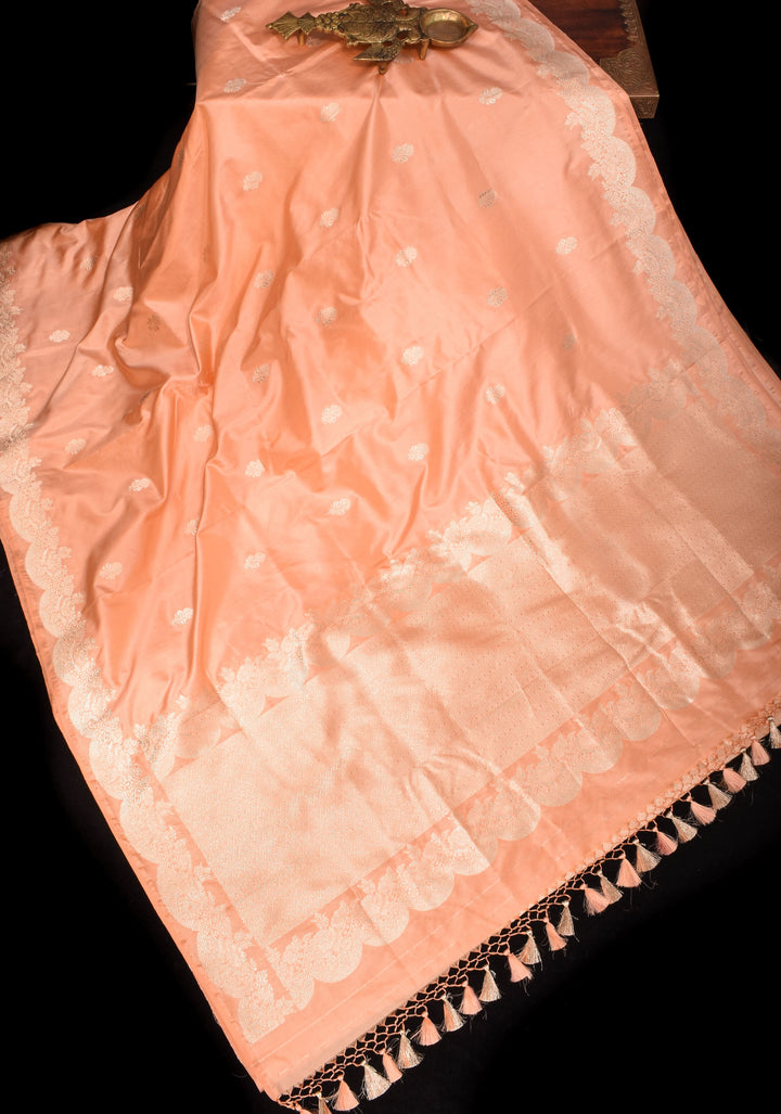 Peach Banarasi Katan Silk Saree with Zari Buttas and Scallop border design | SILK MARK CERTIFIED