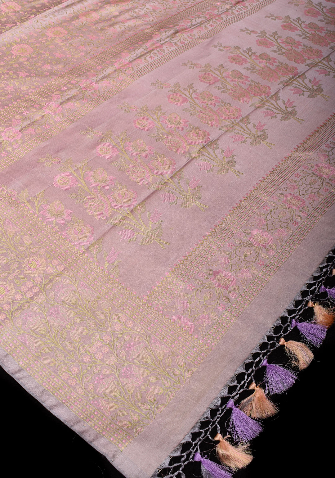 Gray Lavender Tanchoi Satin silk Saree with Floral Weave Design | SILK MARK CERTIFIED | Shobitam