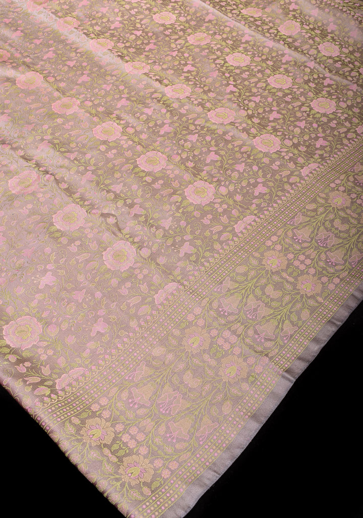 Gray Lavender Tanchoi Satin silk Saree with Floral Weave Design | SILK MARK CERTIFIED | Shobitam