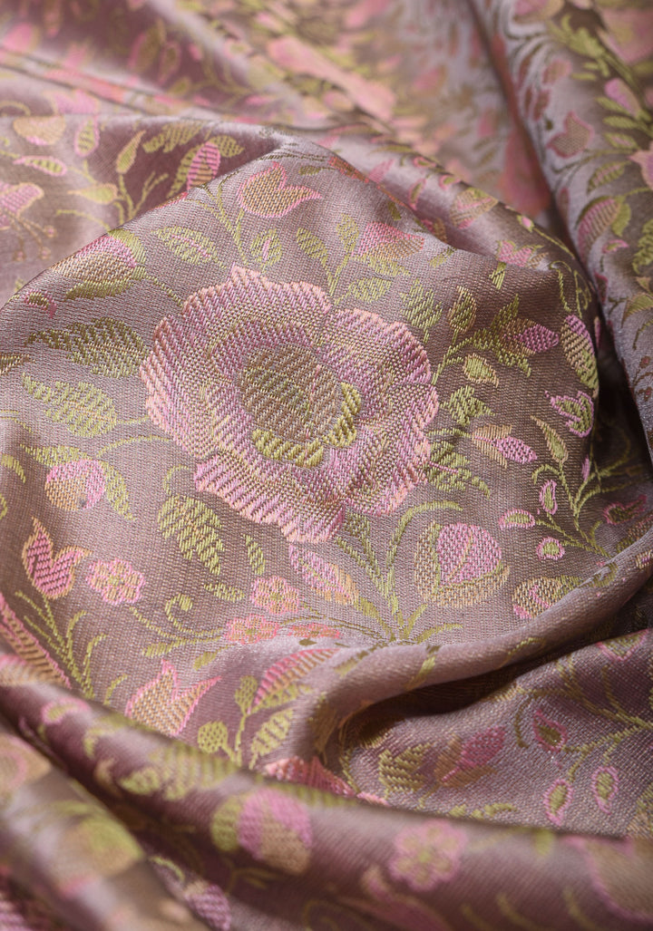 Gray Lavender Tanchoi Satin silk Saree with Floral Weave Design | SILK MARK CERTIFIED | Shobitam