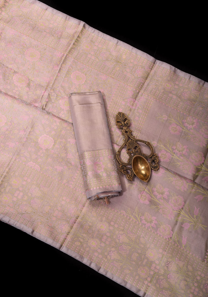 Gray Lavender Tanchoi Satin silk Saree with Floral Weave Design | SILK MARK CERTIFIED | Shobitam