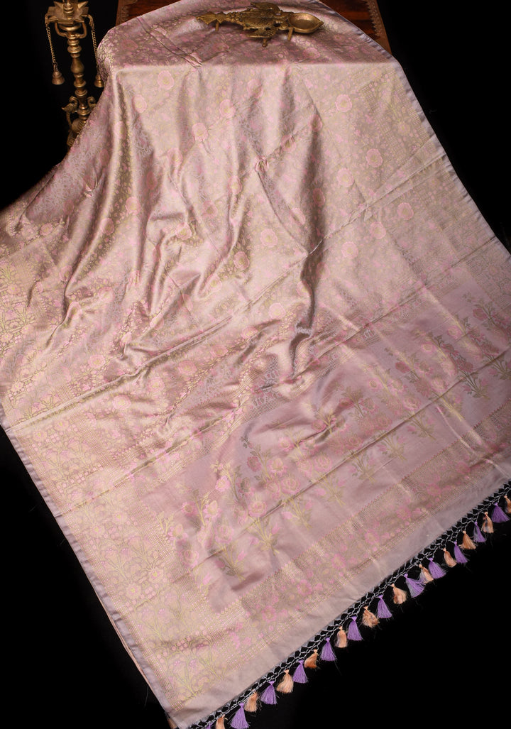 Gray Lavender Tanchoi Satin silk Saree with Floral Weave Design | SILK MARK CERTIFIED | Shobitam