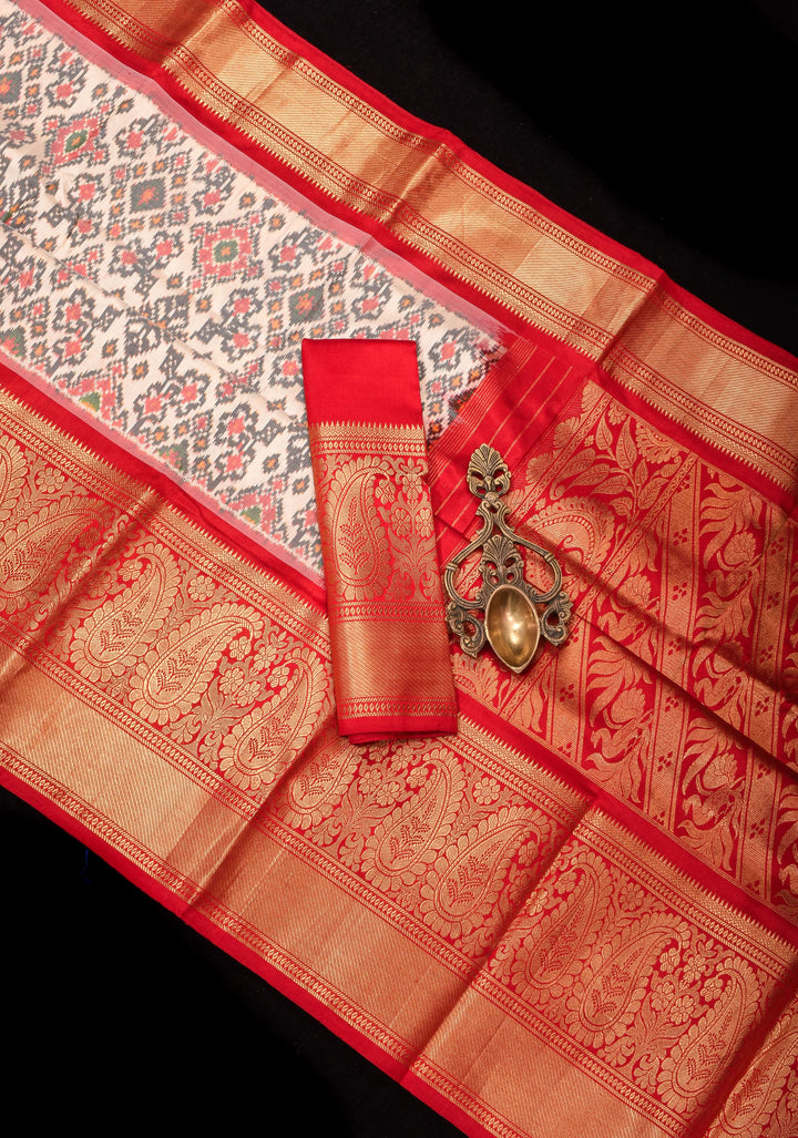 Ikkat Patola Kanjivaram Fusion Pure Silk Saree in Ivory and Red with Zari Border | SILK MARK CERTIFIED