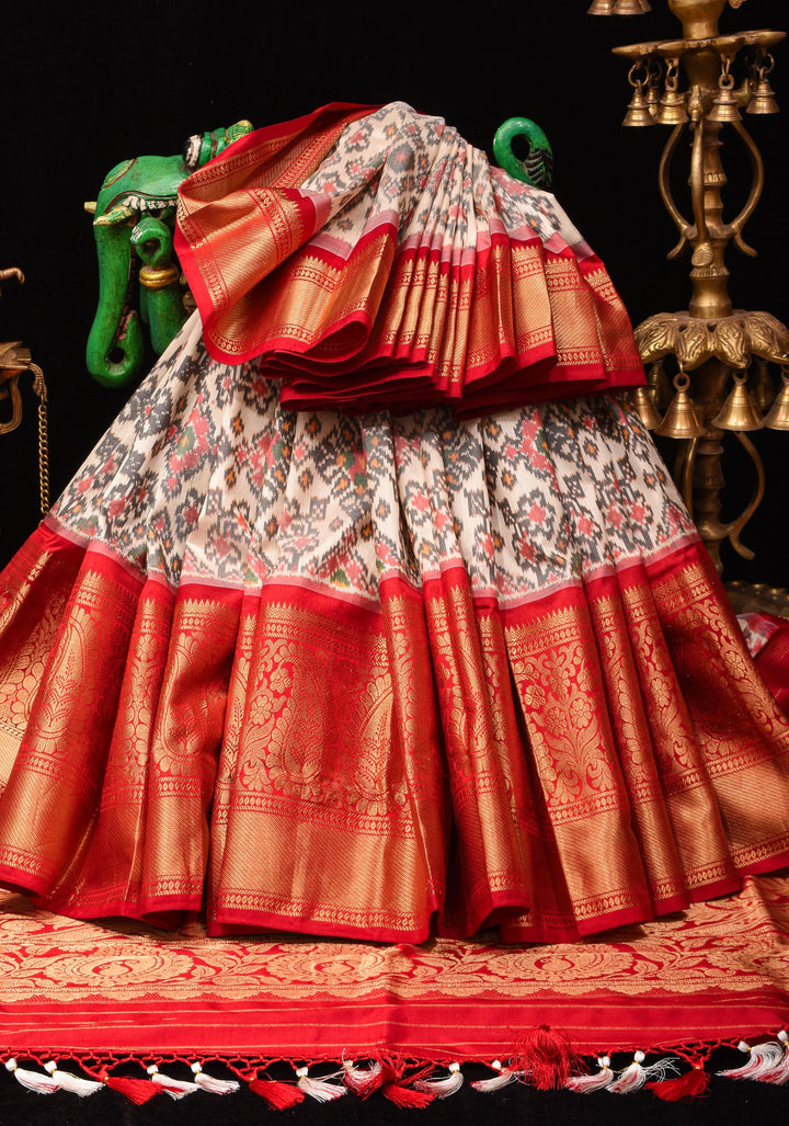 Ikkat Patola Kanjivaram Fusion Pure Silk Saree in Ivory and Red with Zari Border | SILK MARK CERTIFIED