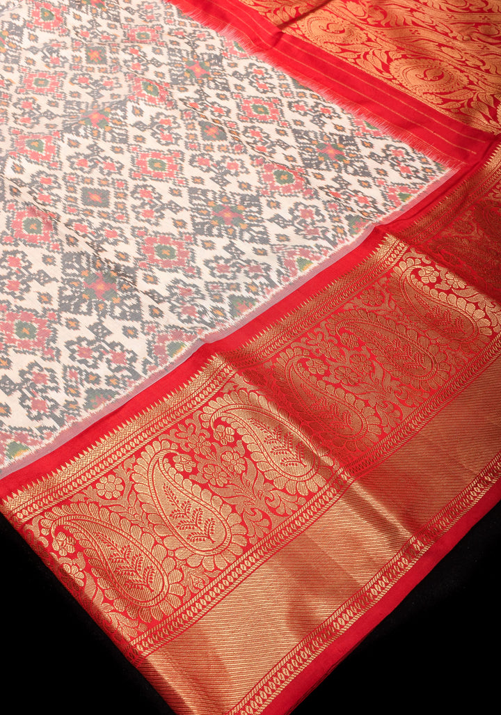 Ikkat Patola Kanjivaram Fusion Pure Silk Saree in Ivory and Red with Zari Border | SILK MARK CERTIFIED