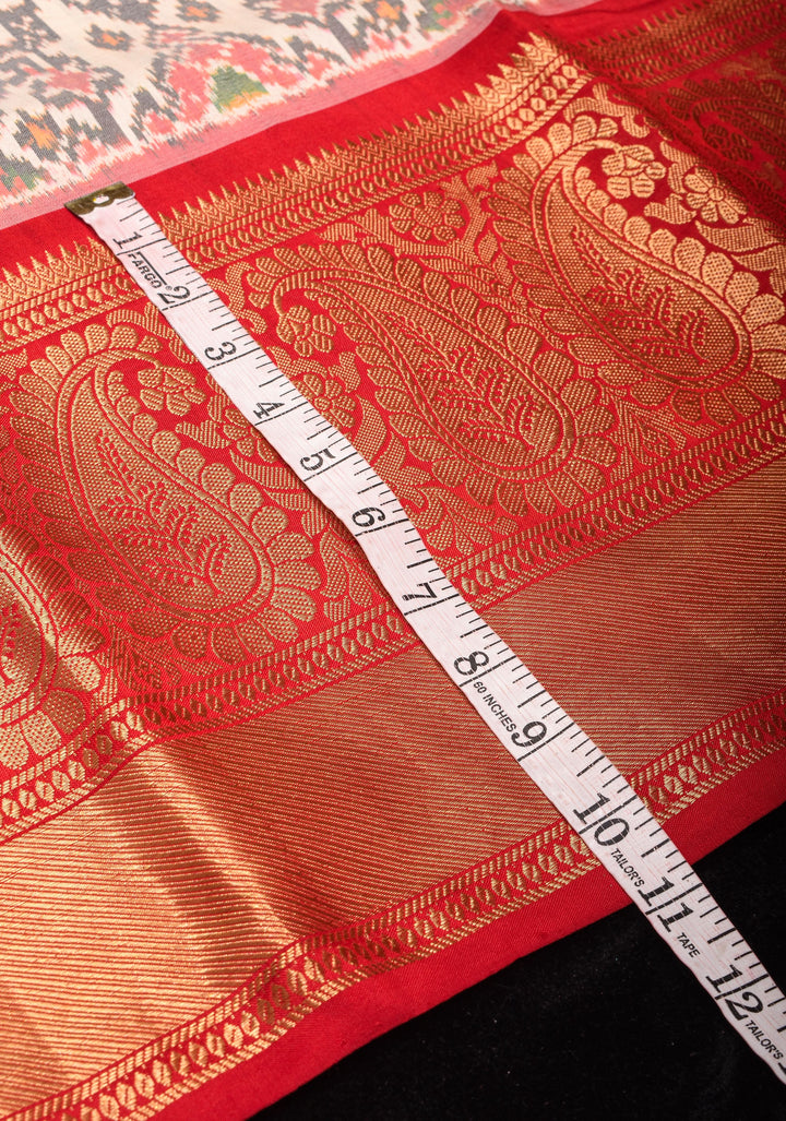 Ikkat Patola Kanjivaram Fusion Pure Silk Saree in Ivory and Red with Zari Border | SILK MARK CERTIFIED