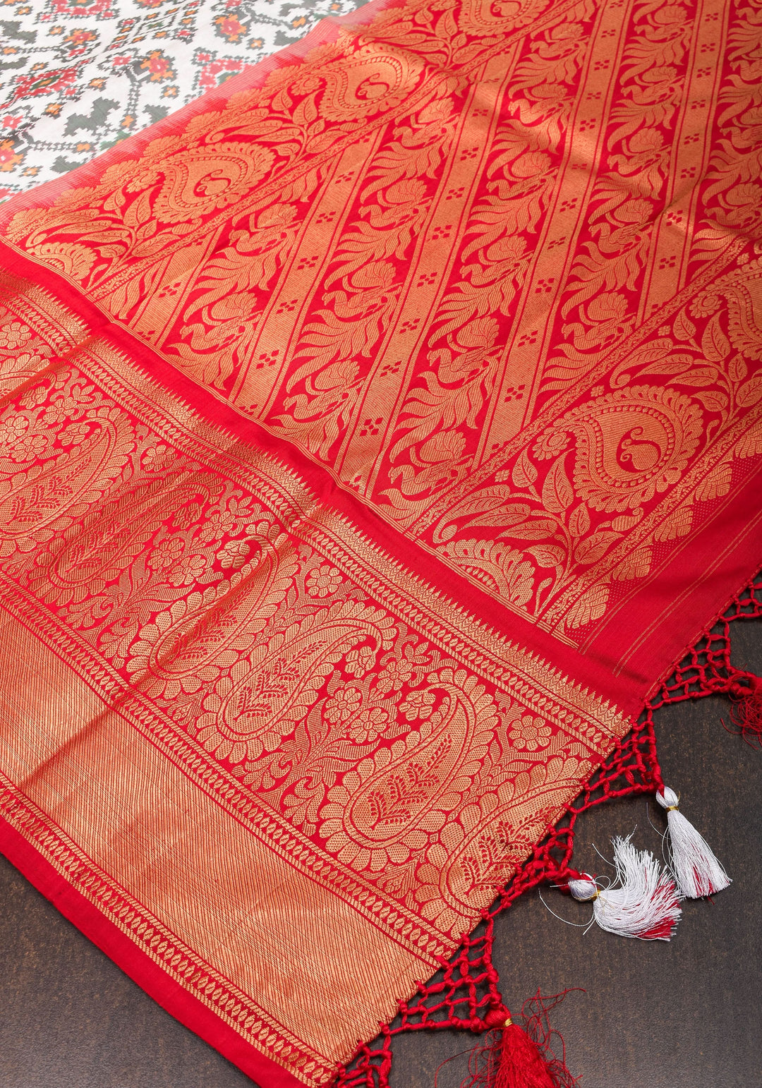 Off White Ikkat Kanjivaram Fusion Silk Saree and contrast Wide Red Zari Border | SILK MARK CERTIFIED
