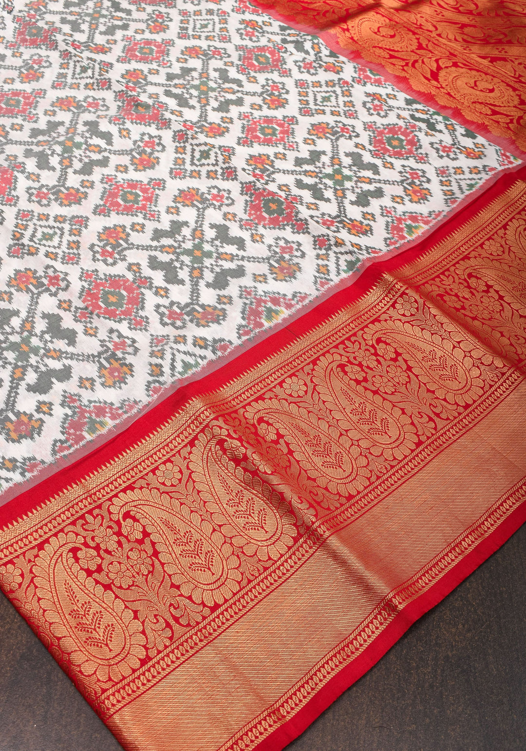 Off White Ikkat Kanjivaram Fusion Silk Saree and contrast Wide Red Zari Border | SILK MARK CERTIFIED
