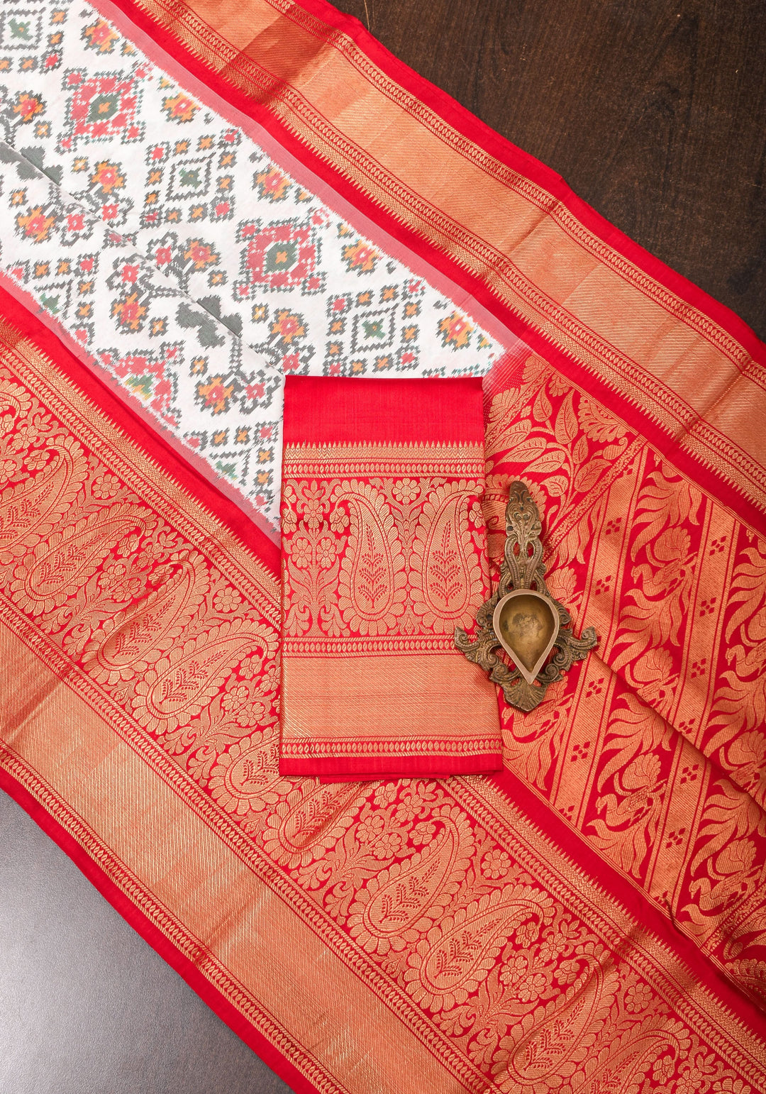 Off White Ikkat Kanjivaram Fusion Silk Saree and contrast Wide Red Zari Border | SILK MARK CERTIFIED