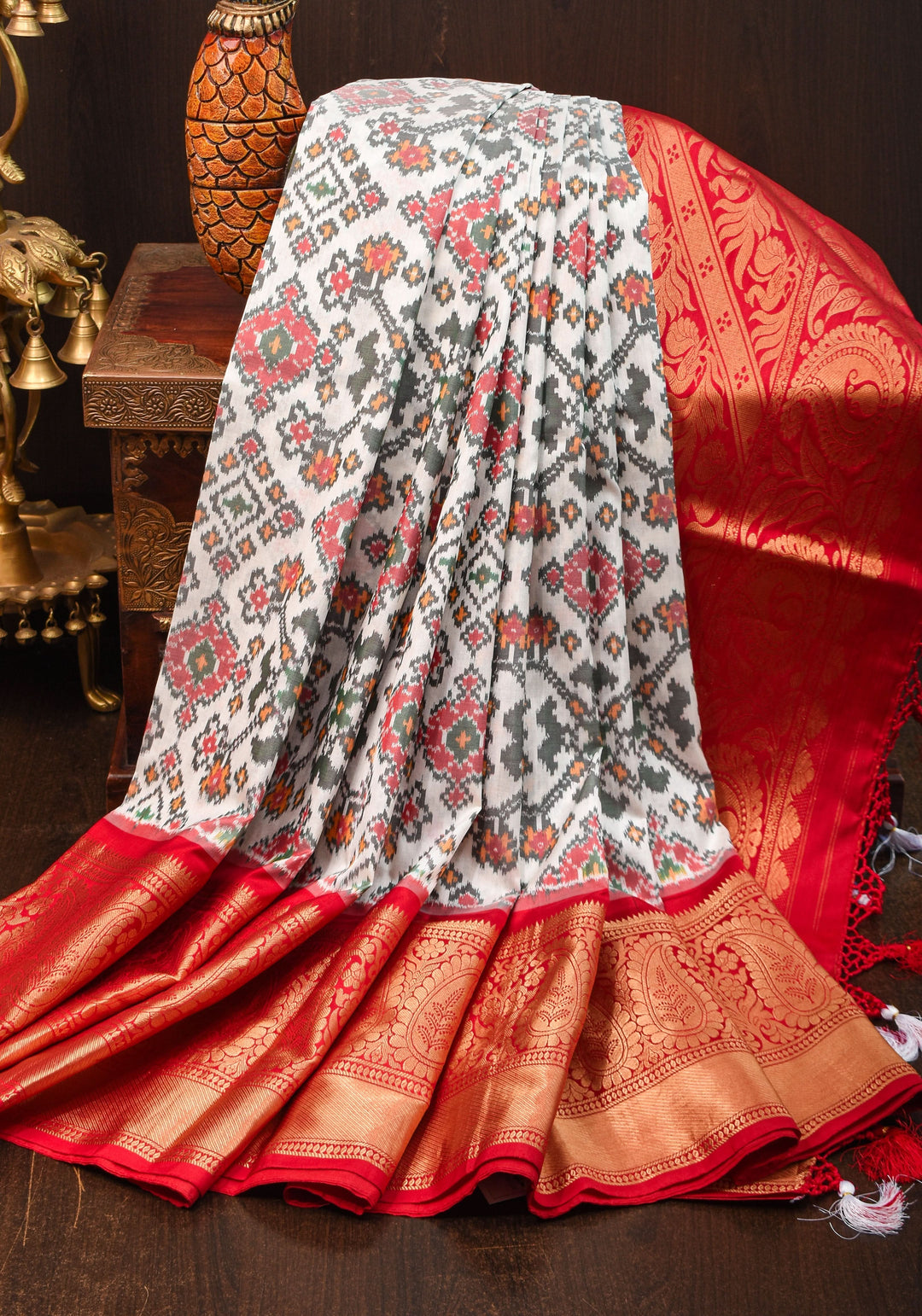 Off White Ikkat Kanjivaram Fusion Silk Saree and contrast Wide Red Zari Border | SILK MARK CERTIFIED