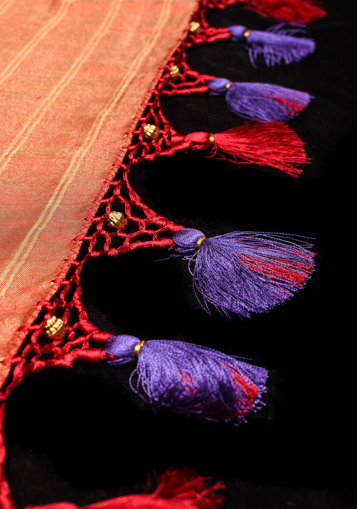 Lilac Tone Exquisite Tissue Silk Ikkat Saree with Red Contrast zari Border and pallu I SILK MARK CERTIFIED