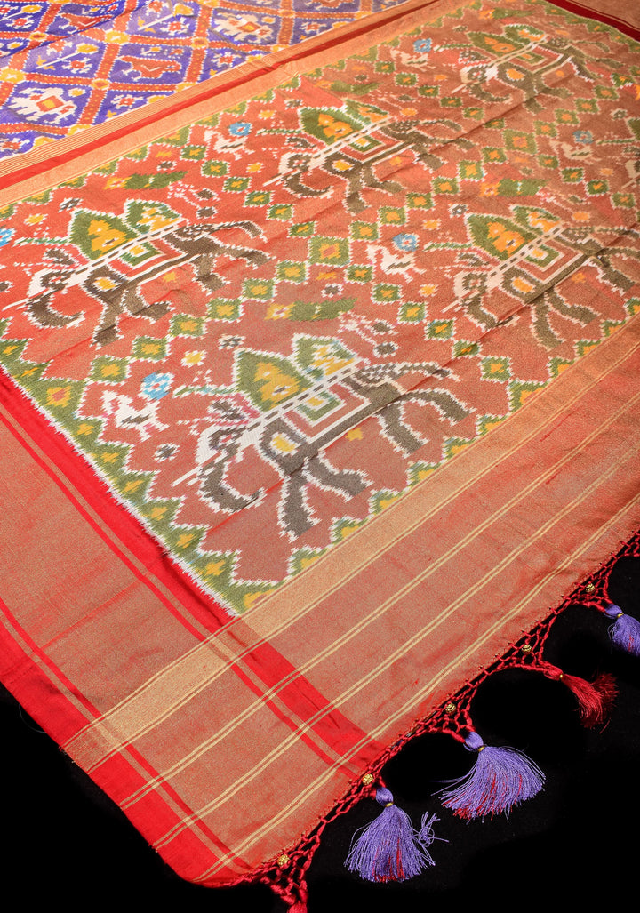 Lilac Tone Exquisite Tissue Silk Ikkat Saree with Red Contrast zari Border and pallu I SILK MARK CERTIFIED