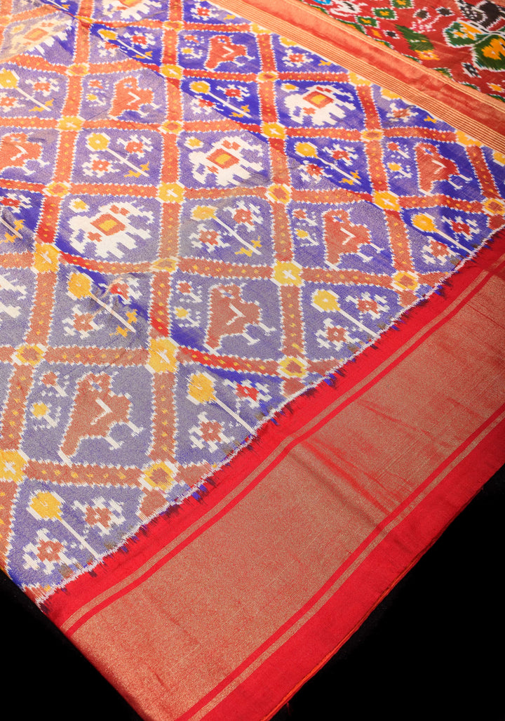 Lilac Tone Exquisite Tissue Silk Ikkat Saree with Red Contrast zari Border and pallu I SILK MARK CERTIFIED