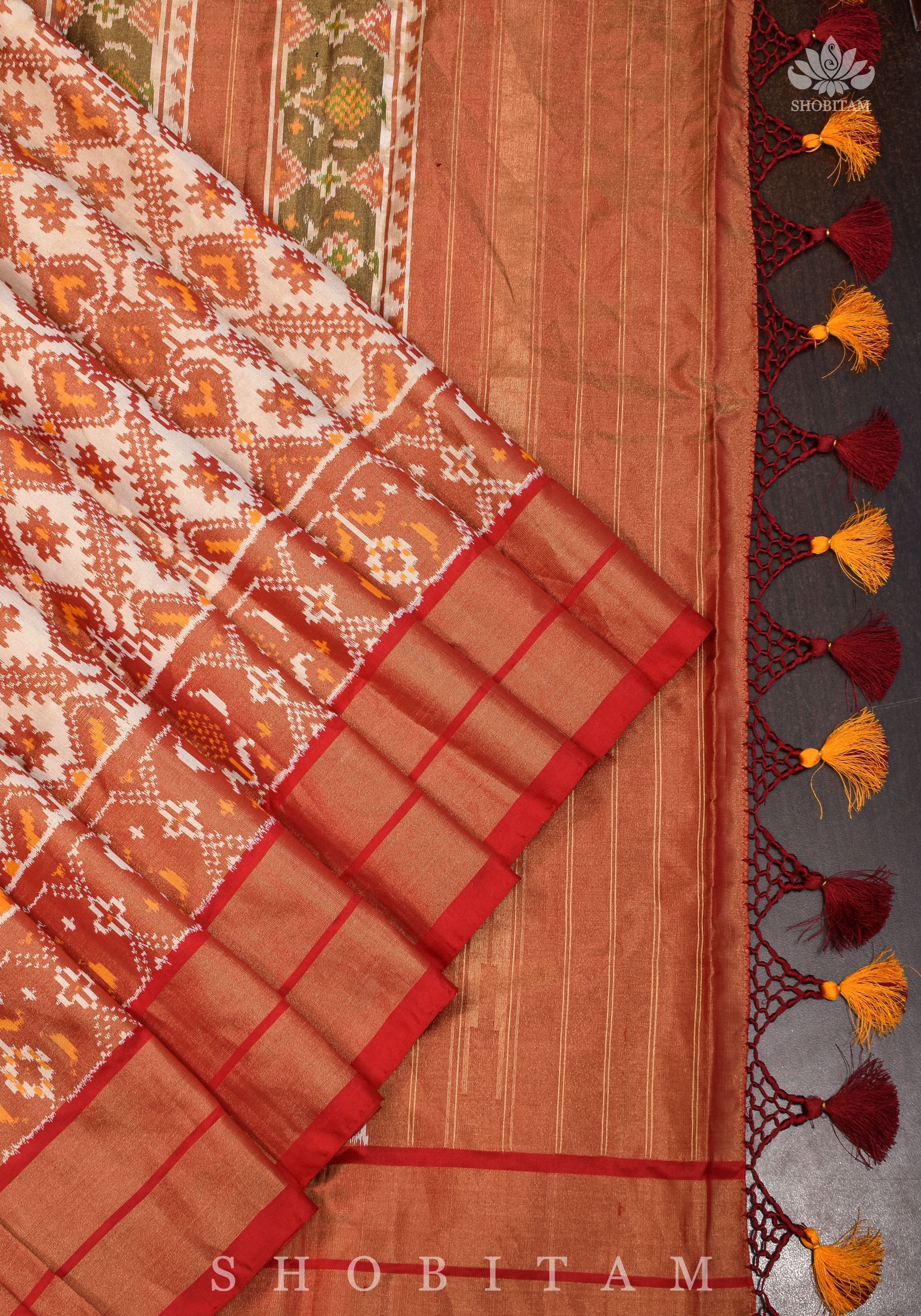 Ikkat shops Handwoven Silk Cotton Saree in Yellow and Red | Sarees By Shobitam