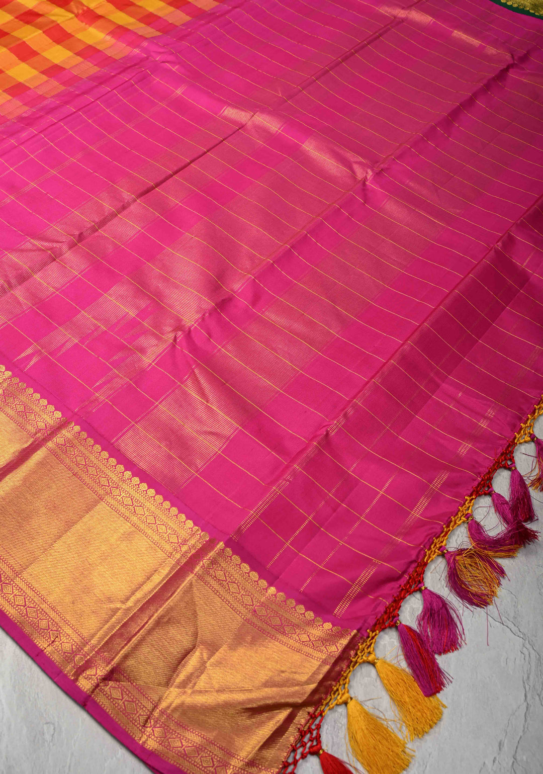 Orange Red Pallum Pazhamum Kanjivaram Silk Saree with Ganga Jamuna Borders | SILK MARK CERTIFIED