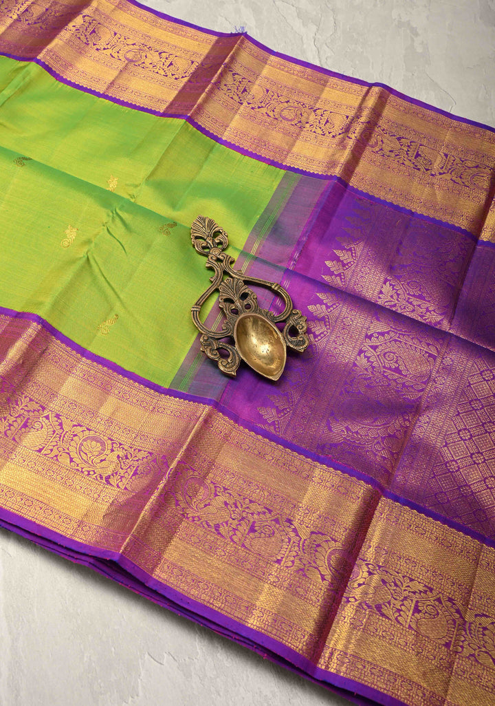 Chartreuse Korvai Weave Kanjivaram Pure Silk Saree with Zari Buttas and Contrast Zari Border | SILK MARK CERTIFIED