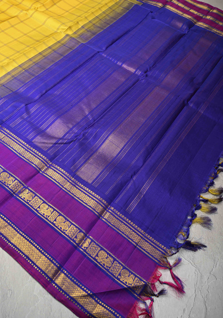 Yellow korvai Kanjivaram Pure Silk Saree with Checks and Contrast Zari Border | SILK MARK CERTIFIED