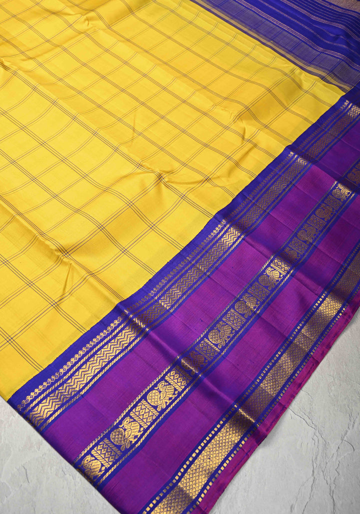 Yellow korvai Kanjivaram Pure Silk Saree with Checks and Contrast Zari Border | SILK MARK CERTIFIED