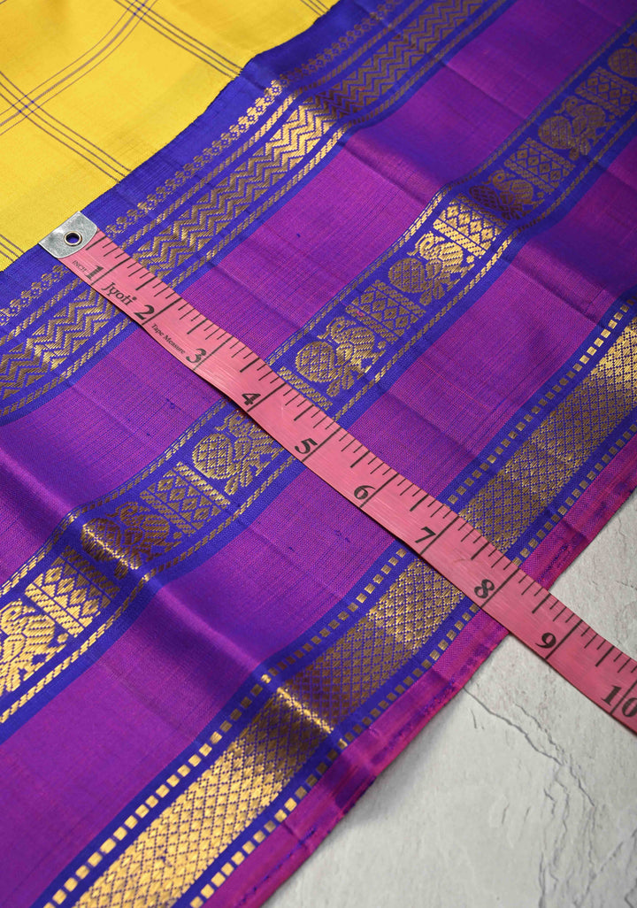 Yellow korvai Kanjivaram Pure Silk Saree with Checks and Contrast Zari Border | SILK MARK CERTIFIED