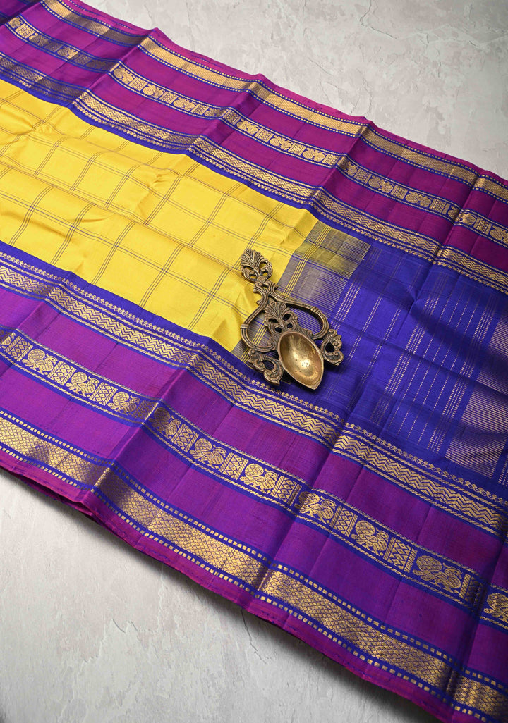 Yellow korvai Kanjivaram Pure Silk Saree with Checks and Contrast Zari Border | SILK MARK CERTIFIED