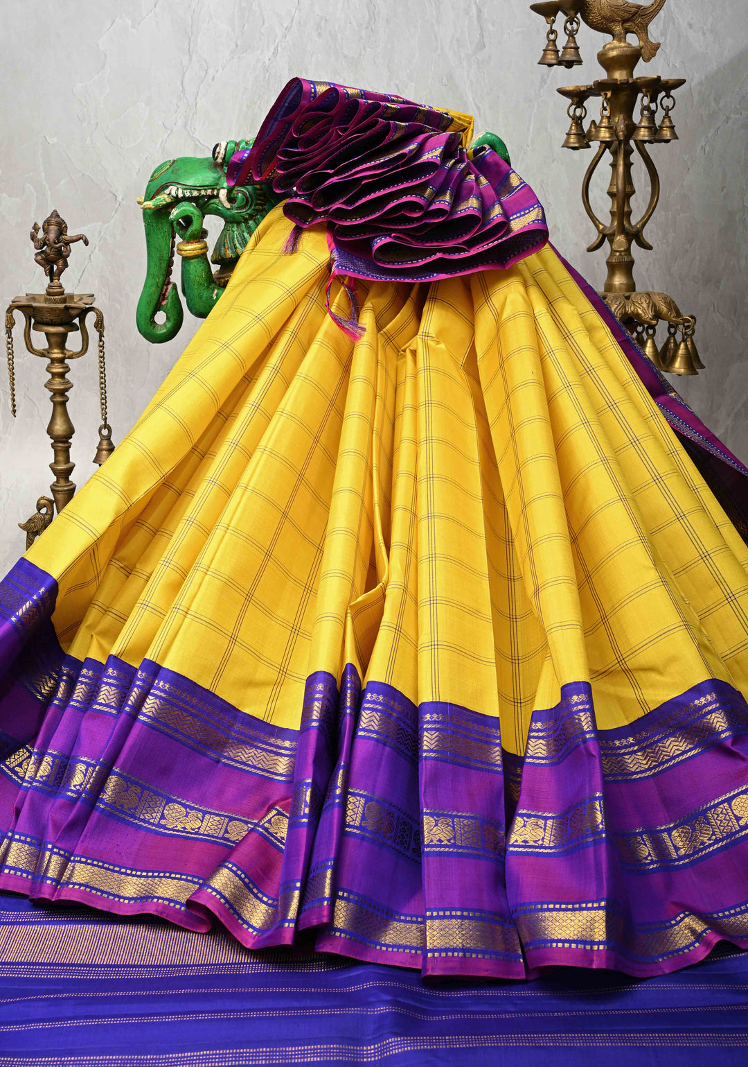 Yellow korvai Kanjivaram Pure Silk Saree with Checks and Contrast Zari Border | SILK MARK CERTIFIED