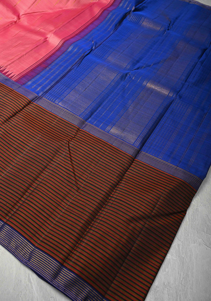 Rose Pink Kanjivaram Pure Silk Saree with Malli Mottu Motif and Multicolor Stripes Wide Border | SILK MARK CERTIFIED