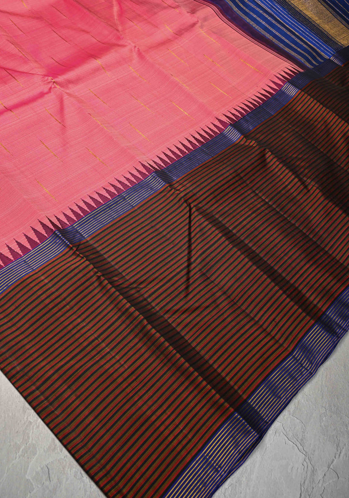 Rose Pink Kanjivaram Pure Silk Saree with Malli Mottu Motif and Multicolor Stripes Wide Border | SILK MARK CERTIFIED