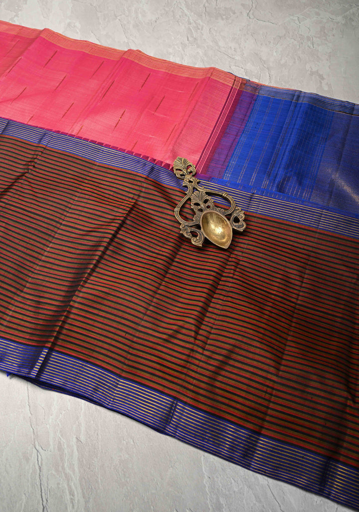 Rose Pink Kanjivaram Pure Silk Saree with Malli Mottu Motif and Multicolor Stripes Wide Border | SILK MARK CERTIFIED