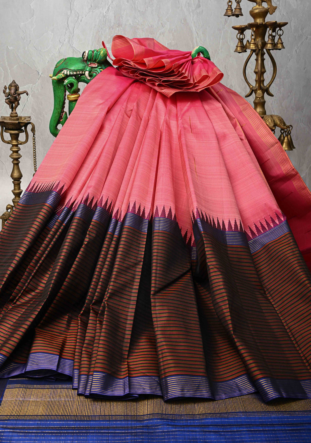 Rose Pink Kanjivaram Pure Silk Saree with Malli Mottu Motif and Multicolor Stripes Wide Border | SILK MARK CERTIFIED