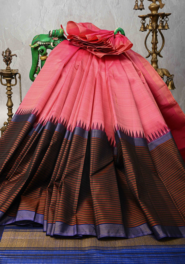 Rose Pink Kanjivaram Pure Silk Saree with Malli Mottu Motif and Multicolor Stripes Wide Border | SILK MARK CERTIFIED