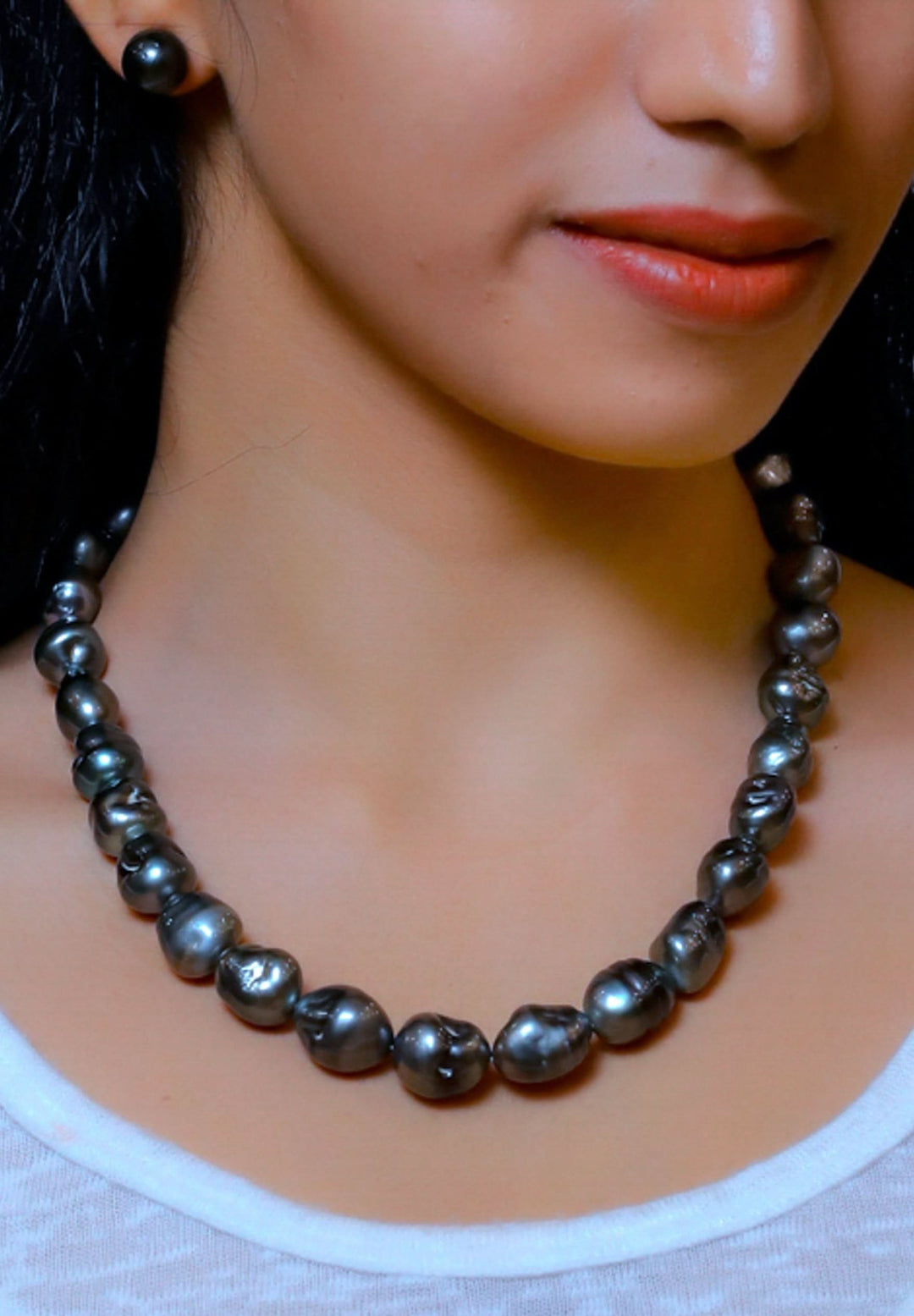 Black Baroque Tahitian Saltwater Pearls Necklace and Stud Set