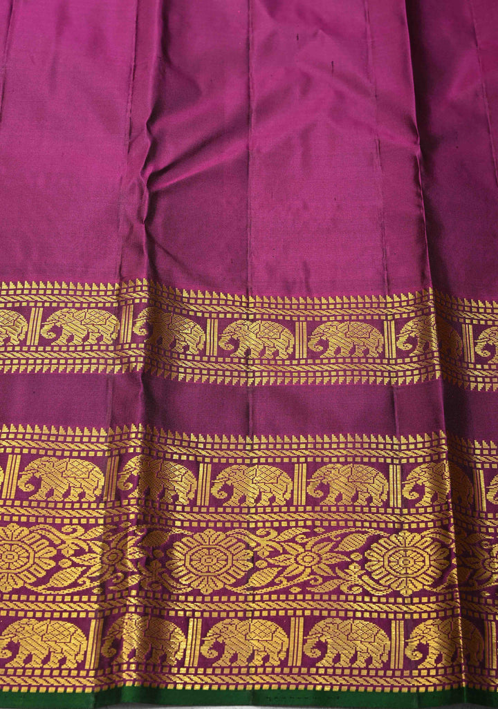 Green Kanjivaram Pure Silk Saree with Zari Stripes Buttas and Wide Contrast Border | SILK MARK CERTIFIED