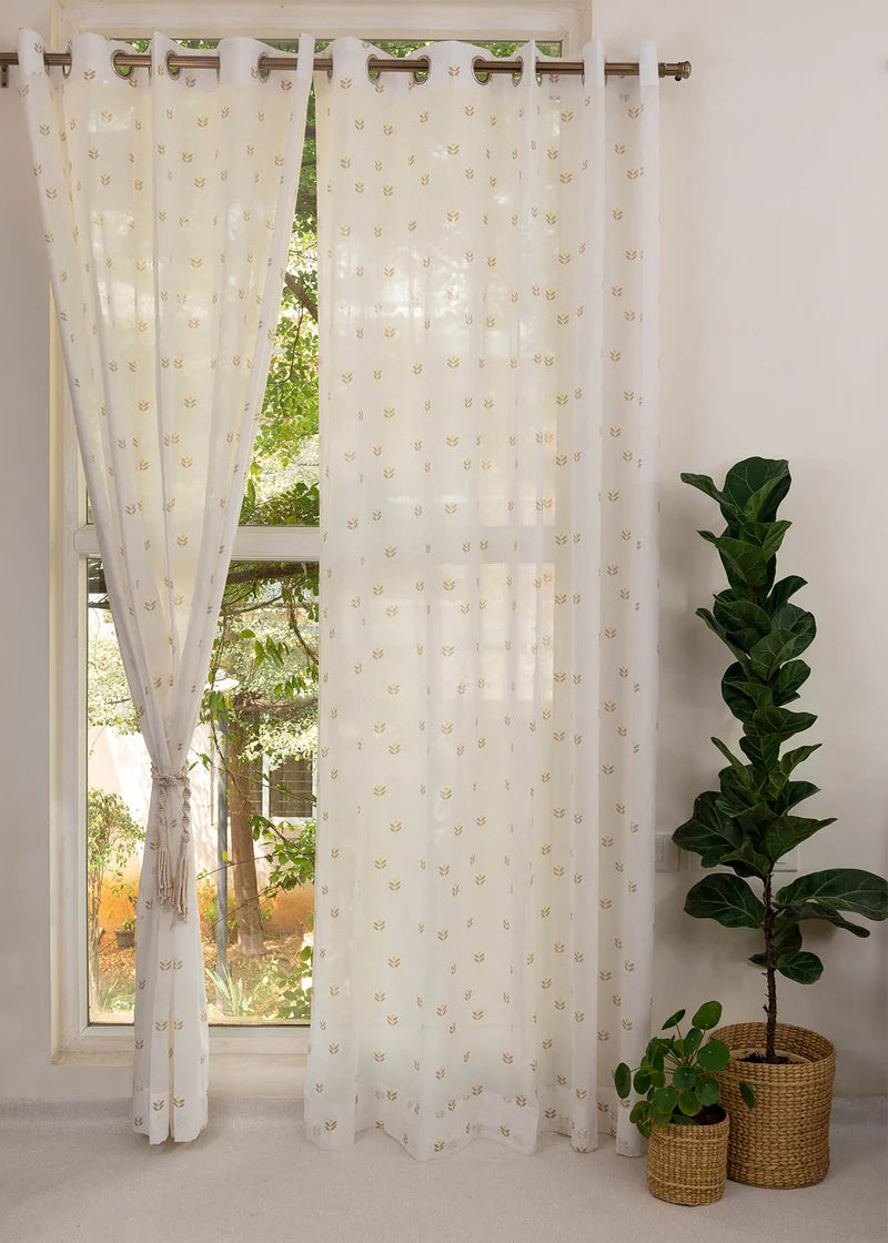 100% Cotton Sheer floral curtain for Living room in white with yellow prints, Customizable for size, lining and headers-  - Pack of 1