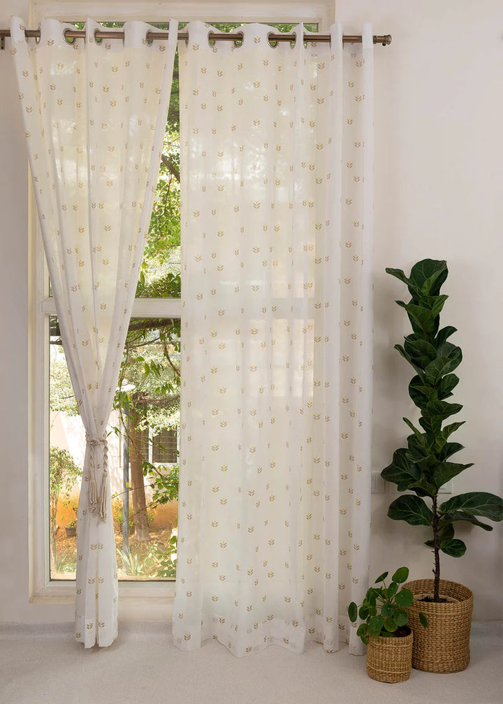 100% Cotton Sheer floral curtain for Living room in white with yellow prints, Customizable for size, lining and headers-  - Pack of 1