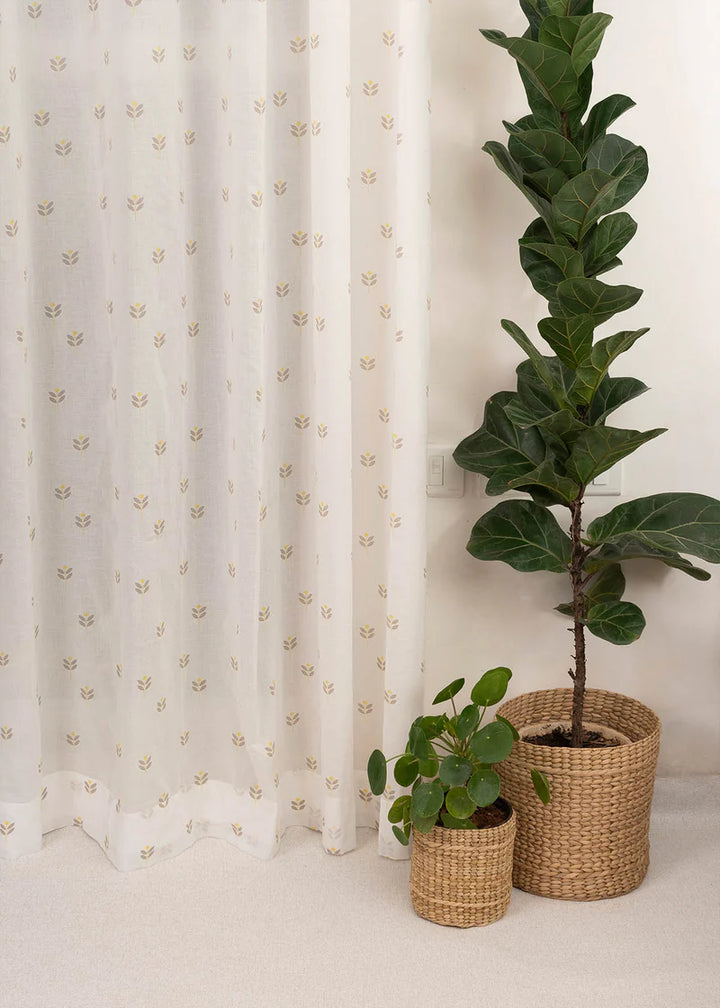 100% Cotton Sheer floral curtain for Living room in white with yellow prints, Customizable for size, lining and headers-  - Pack of 1
