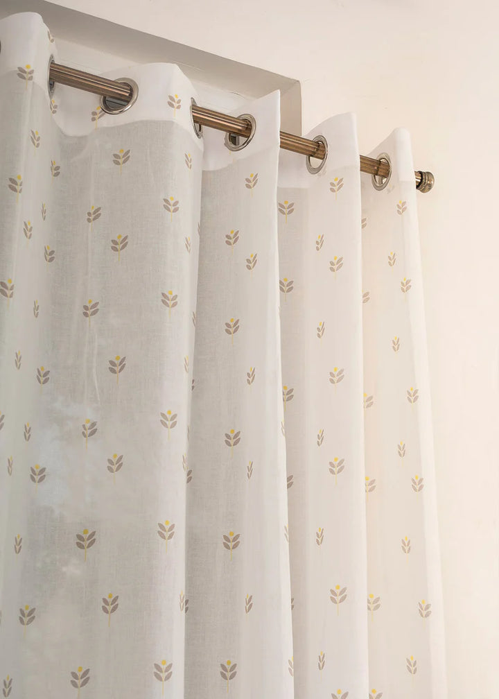100% Cotton Sheer floral curtain for Living room in white with yellow prints, Customizable for size, lining and headers-  - Pack of 1
