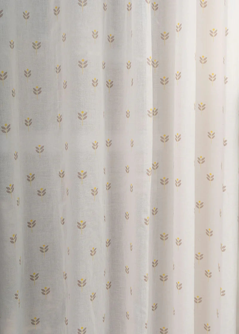 100% Cotton Sheer floral curtain for Living room in white with yellow prints, Customizable for size, lining and headers-  - Pack of 1