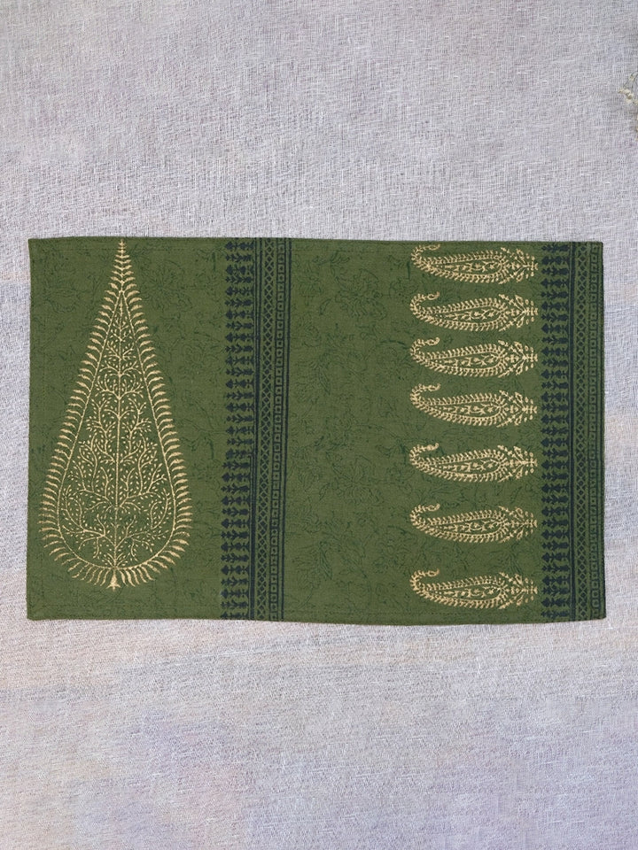 Set of 6 pcs Olive Hand Block Printed Cotton Canvas Table Mats