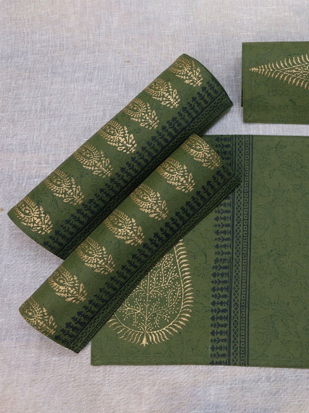 Set of 6 pcs Olive Hand Block Printed Cotton Canvas Table Mats