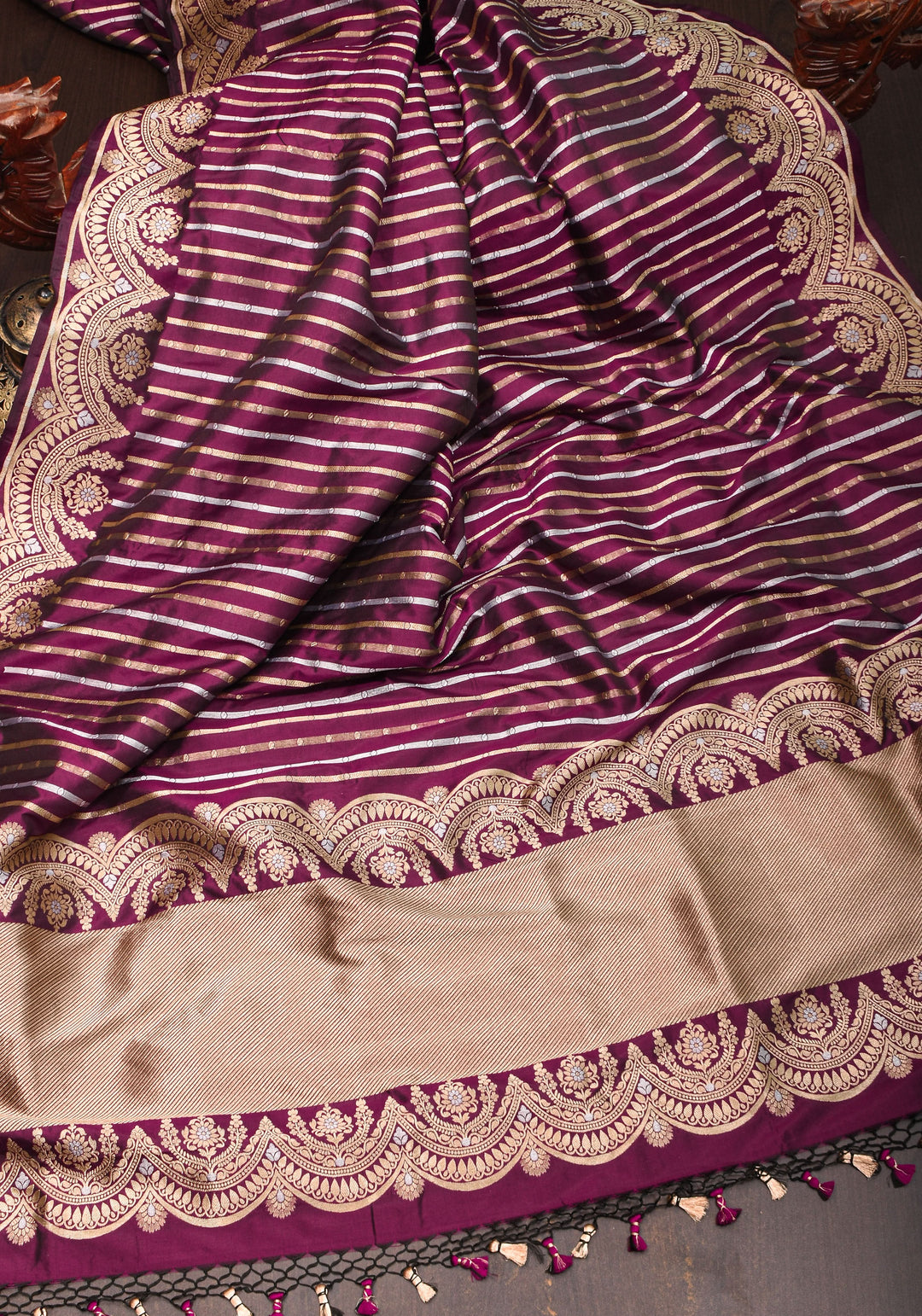 Scalloped Border Banarasi Katan SIlk Saree in Plum with vertical stripes and Sona Rupa Borders| SILK MARK CERTIFIED