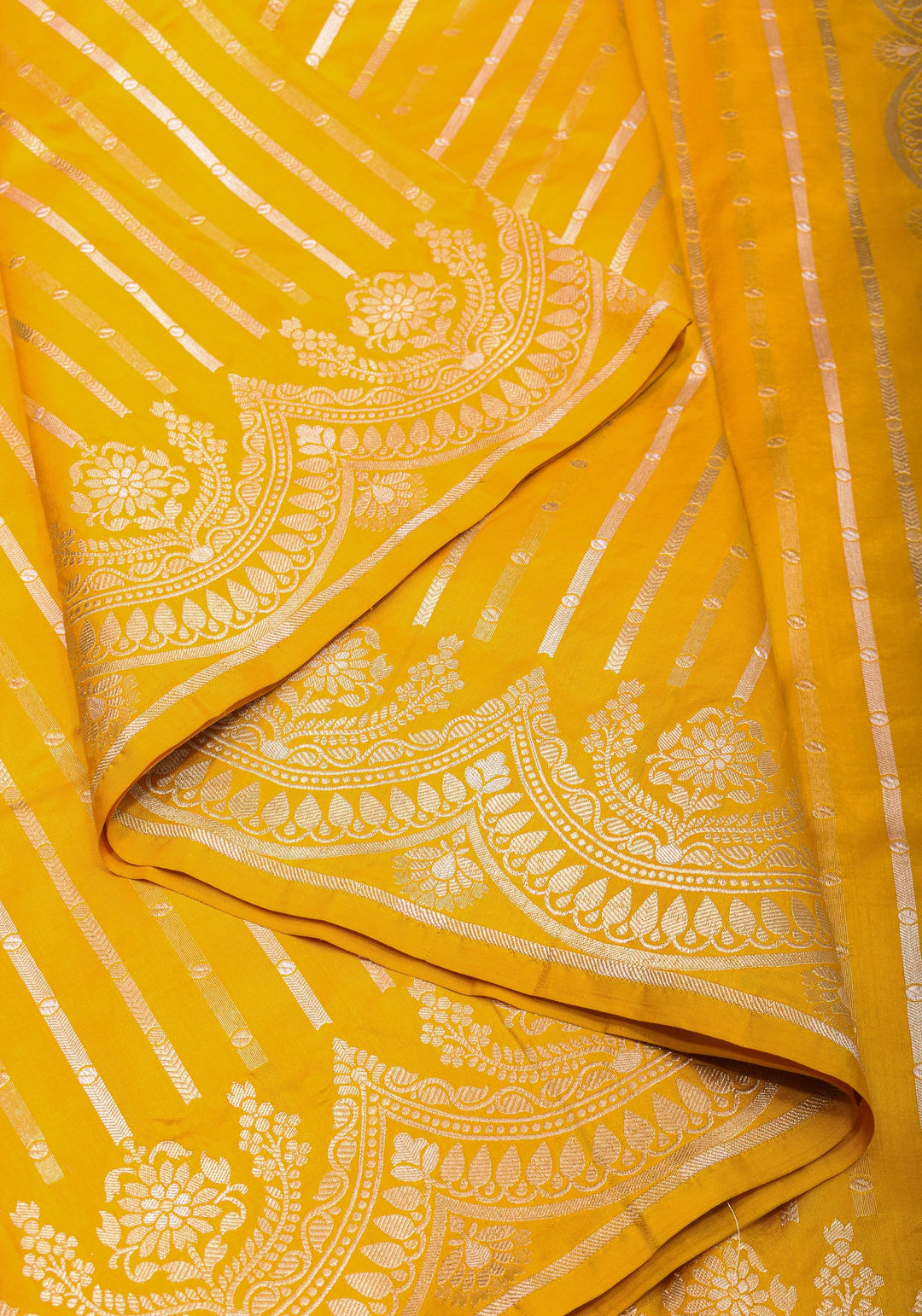 Scalloped Border Banarasi Katan Silk Saree in Yellow with vertical stripes| SILK MARK CERTIFIED