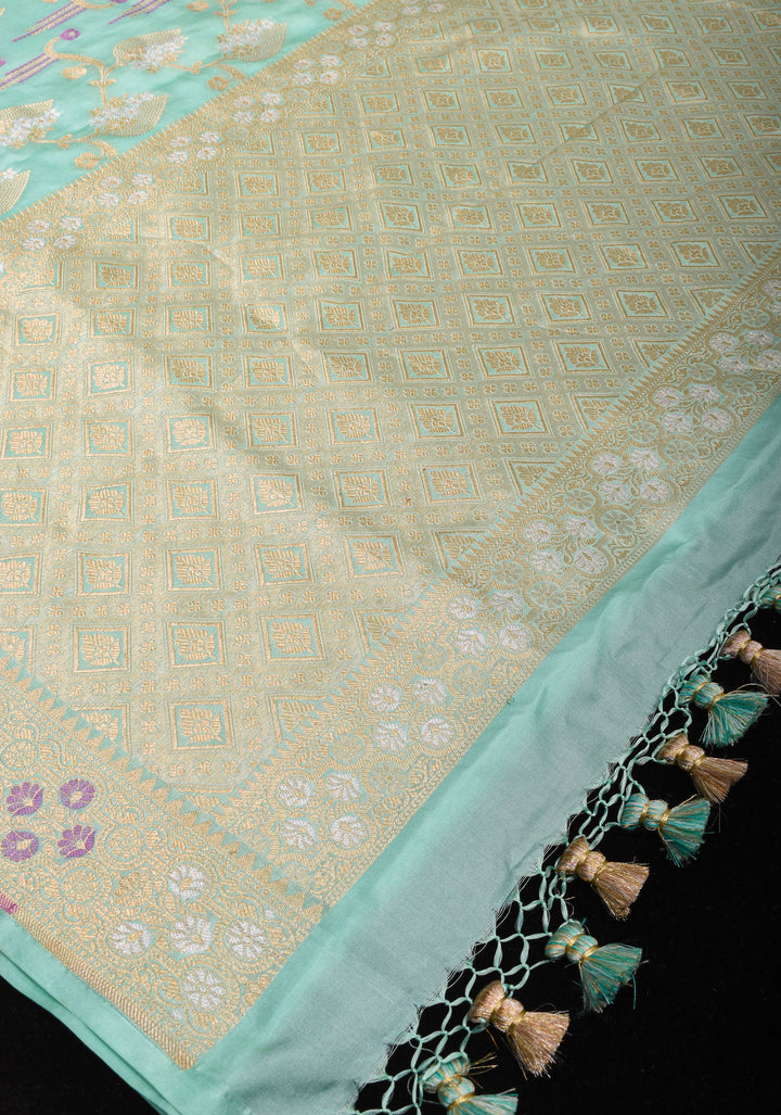 Mint Green Authentic Banarasi Meenakari Jaal Katan Silk Saree | SILK MARK CERTIFIED