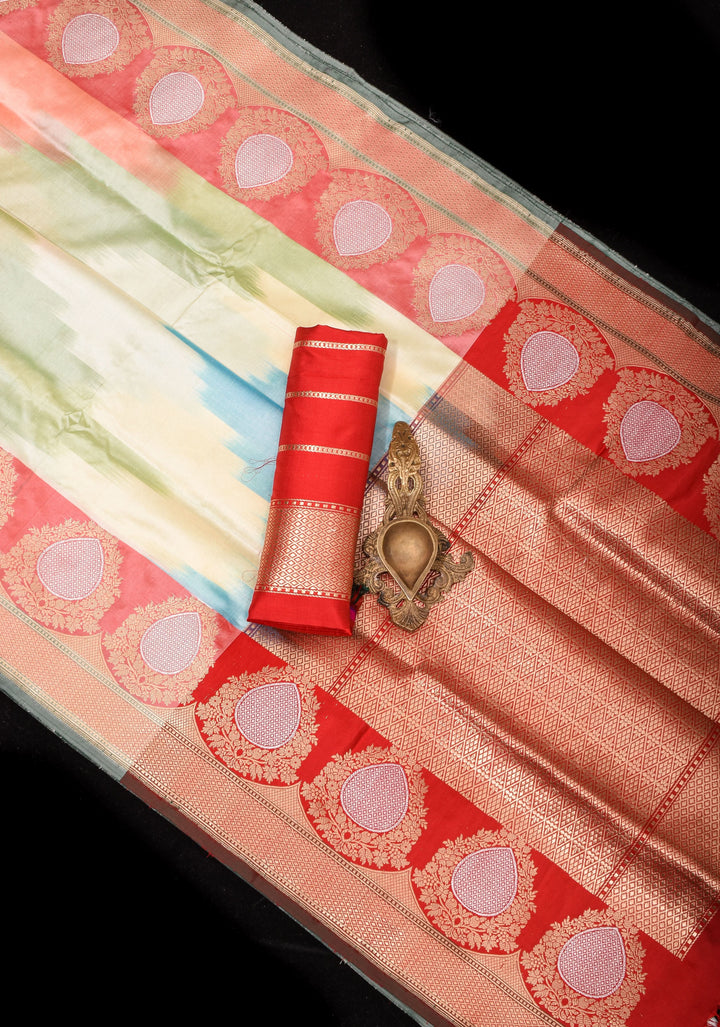 Exquisite Banarasi Katan Silk Saree with Pastel Ombre Weave and Alfi 2 side equal border  | SILK MARK CERTIFIED