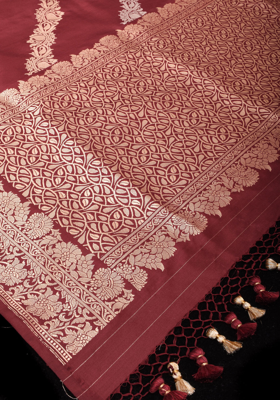 Maroon Banarasi Pure Katan Silk Saree with Kadhuwa Jungla Leheriya Jaal and Zari Border | SILK MARK CERTIFIED