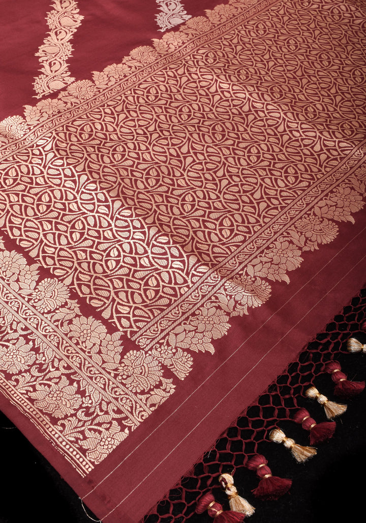 Maroon Banarasi Pure Katan Silk Saree with Kadhuwa Jungla Leheriya Jaal and Zari Border | SILK MARK CERTIFIED