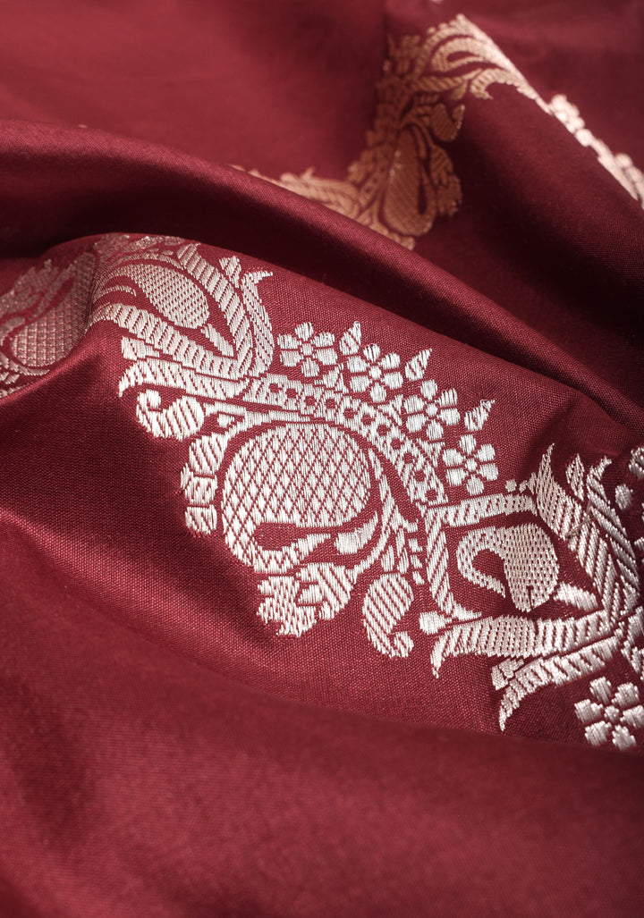 Maroon Banarasi Pure Katan Silk Saree with Kadhuwa Jungla Leheriya Jaal and Zari Border | SILK MARK CERTIFIED