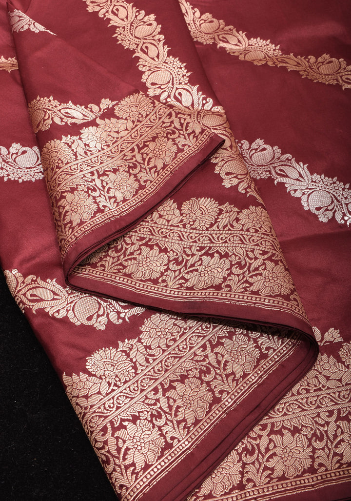 Maroon Banarasi Pure Katan Silk Saree with Kadhuwa Jungla Leheriya Jaal and Zari Border | SILK MARK CERTIFIED