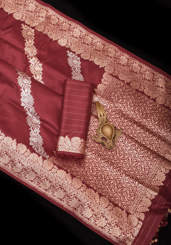 Maroon Banarasi Pure Katan Silk Saree with Kadhuwa Jungla Leheriya Jaal and Zari Border | SILK MARK CERTIFIED